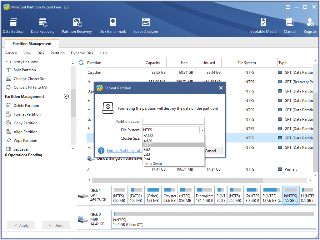 set the partition label, file system and cluster size
