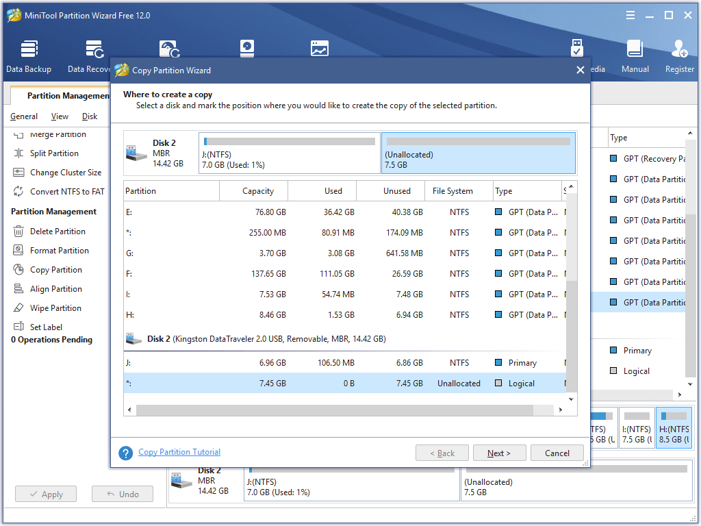select a destination disk and click Next