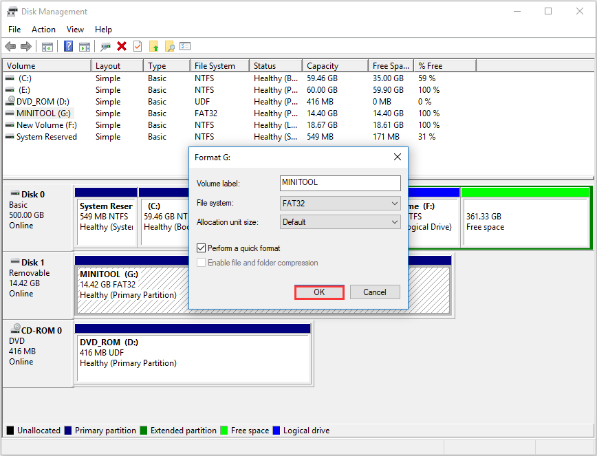 set volume label, file system and allocation unit size for the flash drive