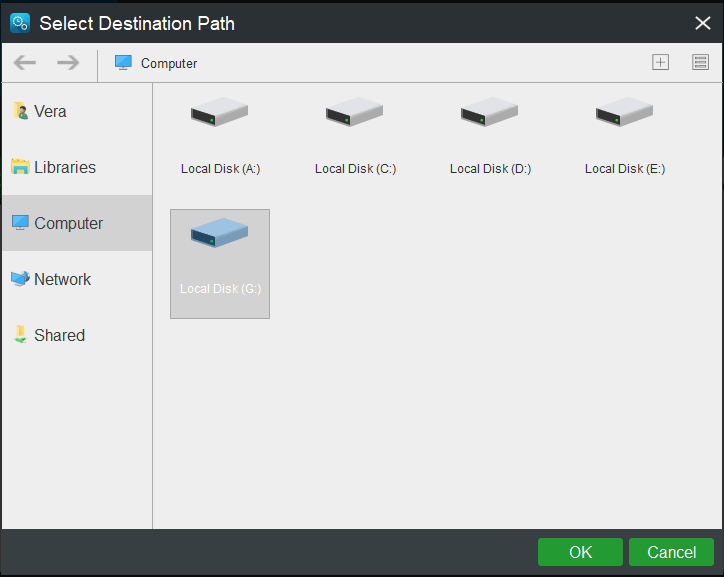 choose destination path for Windows backup