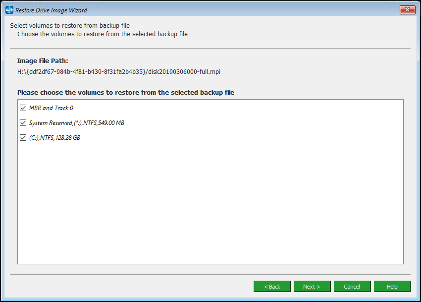 select volumes to restore from a backup file