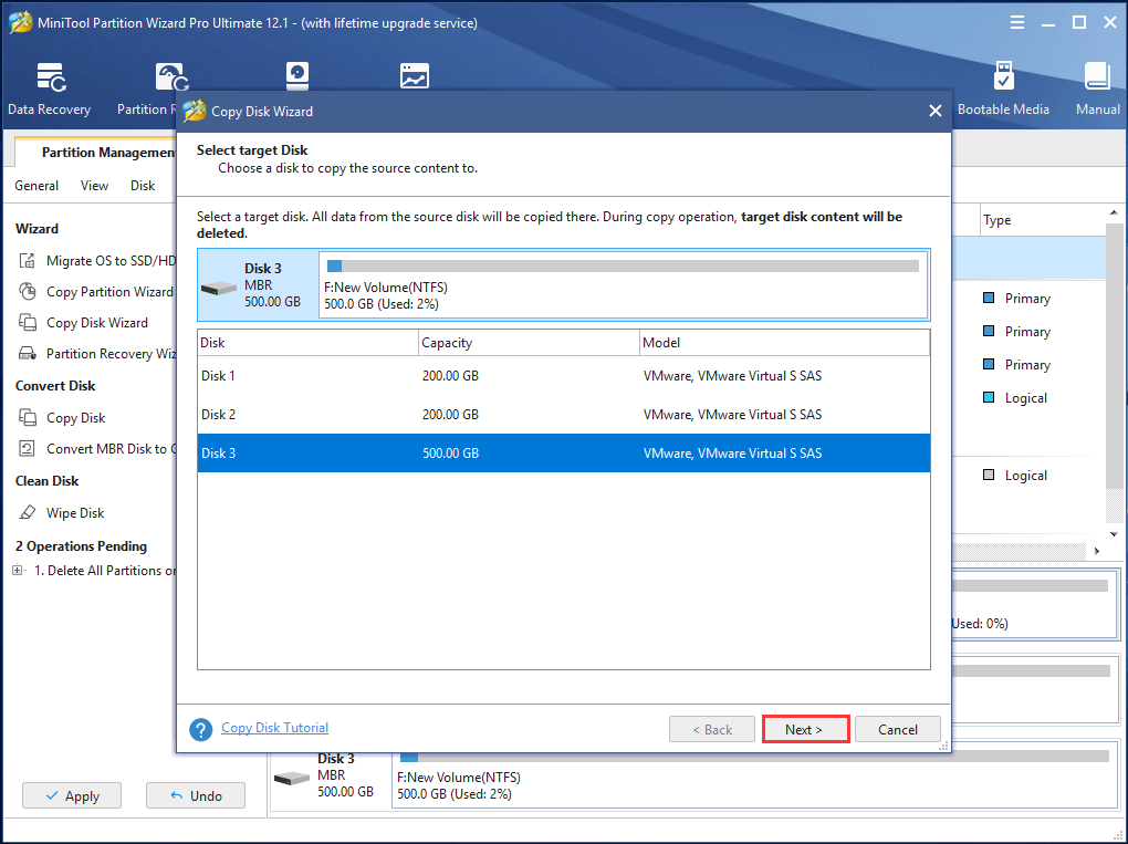 select a target disk and click Next to continue