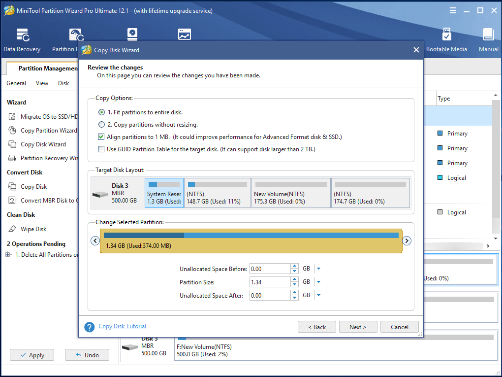 choose copy options and click Next to continue