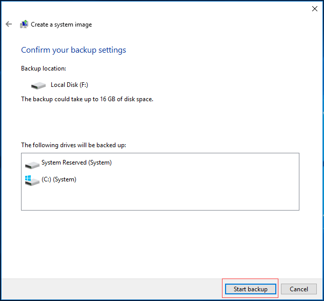 confirm backup setting and click Start backup to continue