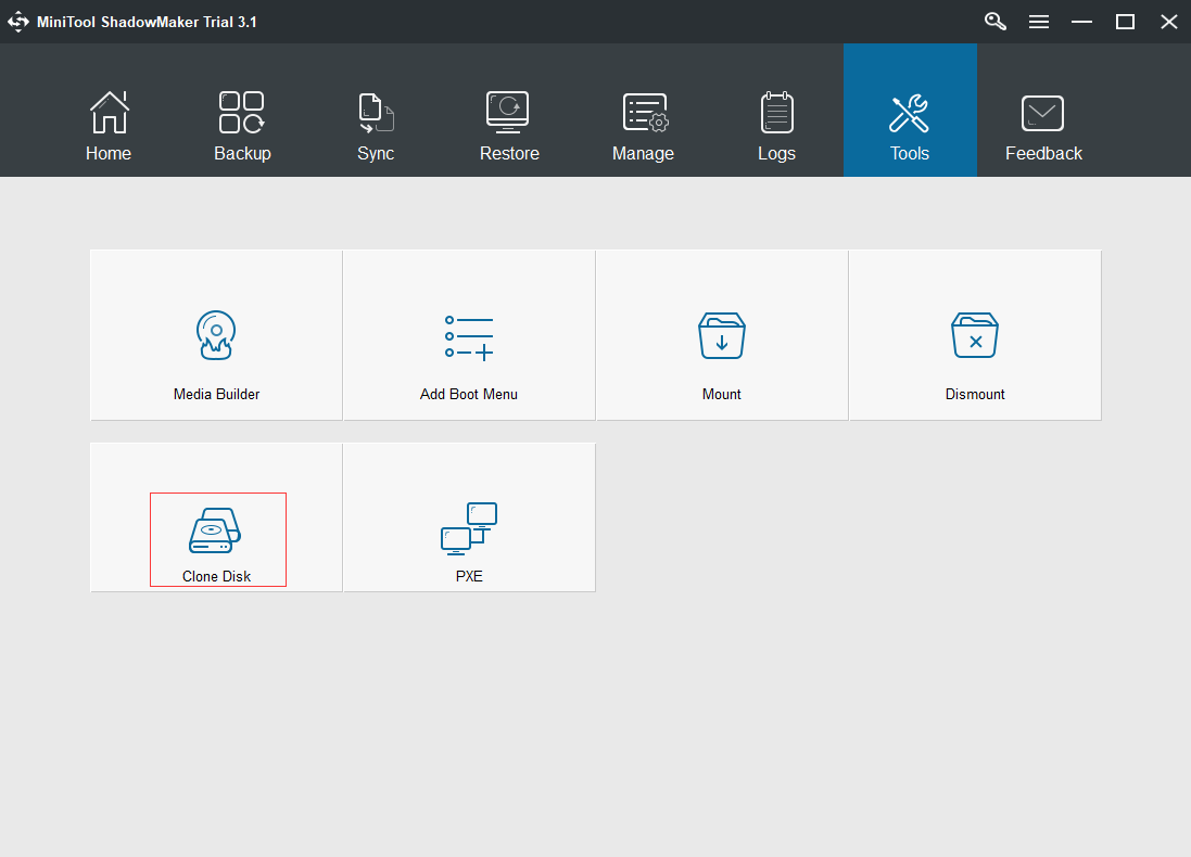 click Clone Disk feature to continue
