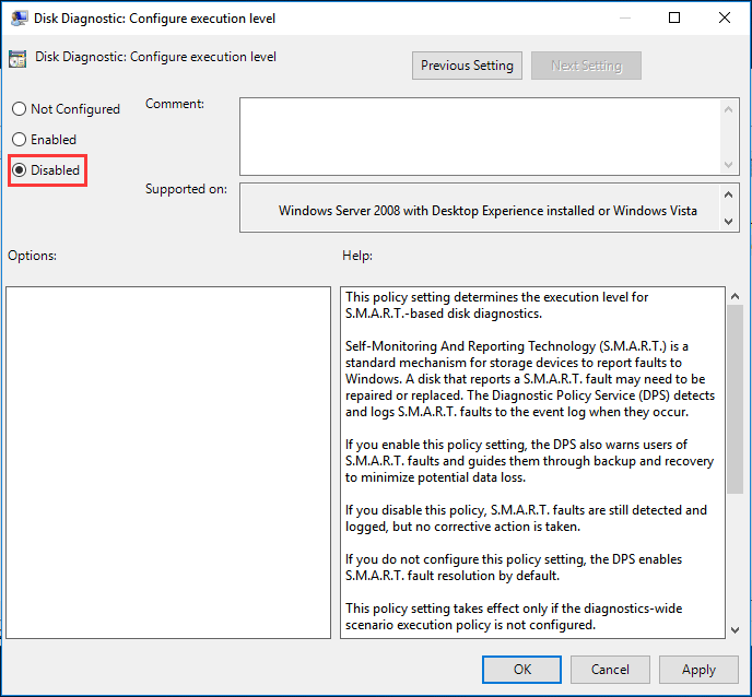 set disk diagnostic to disabled