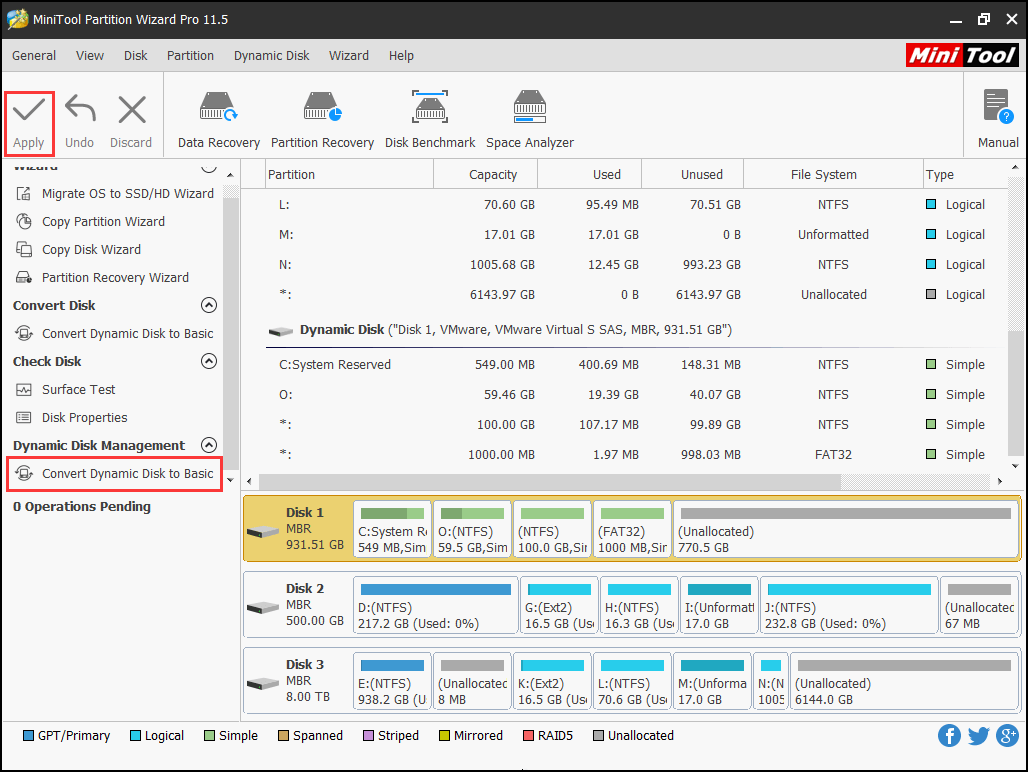 convert dynamic disk to basic using Partition Wizard