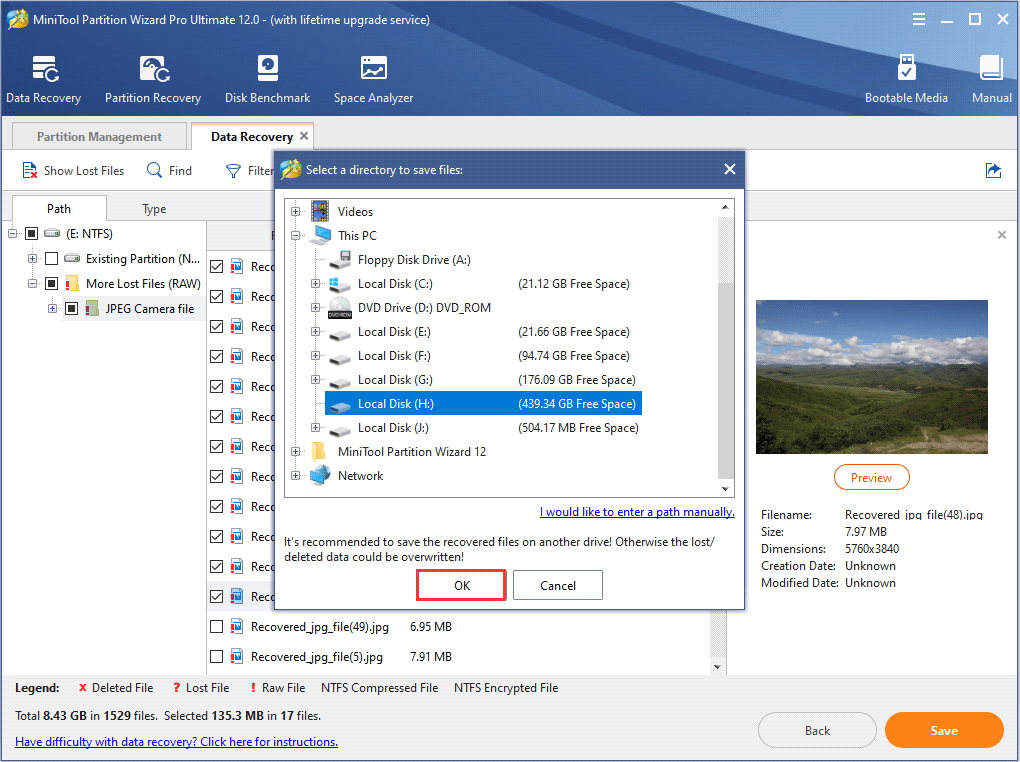 click Save and select a directory to save files