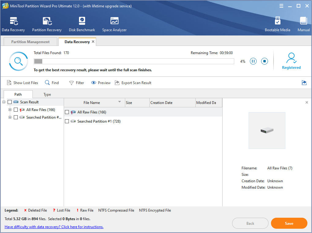 the data recovery software is scanning the drive