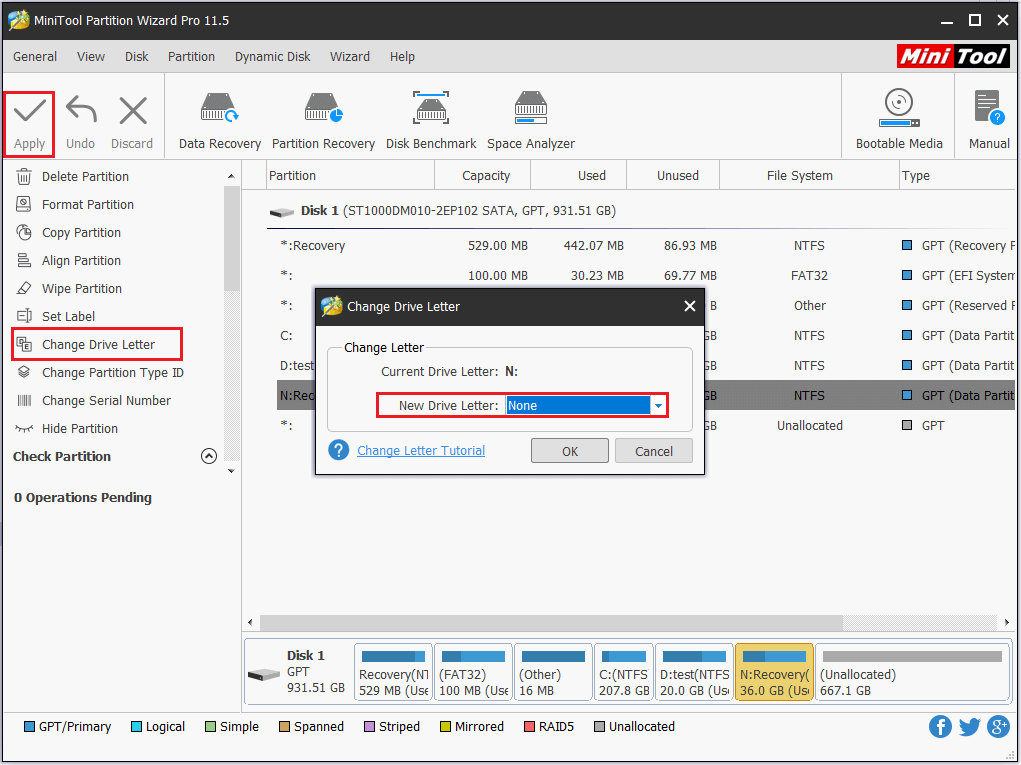 remove drive letter using Partition Wizard