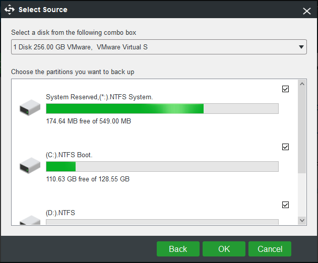 choose all system disk partitions to back up