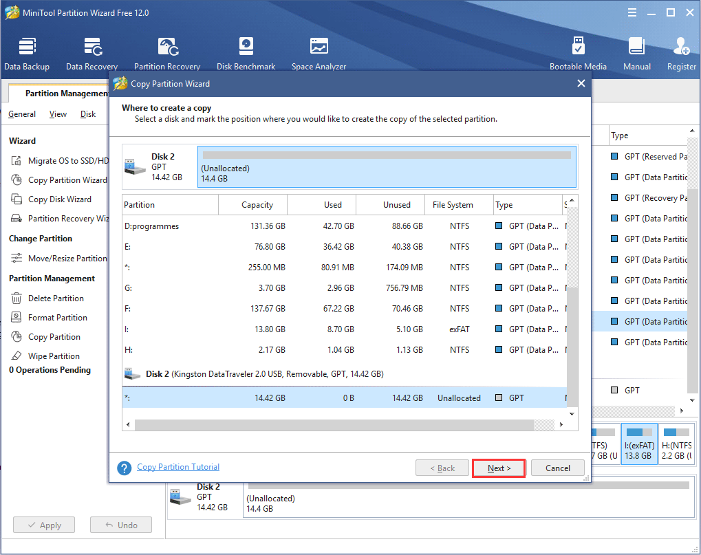 select an unallocated space to save the copy