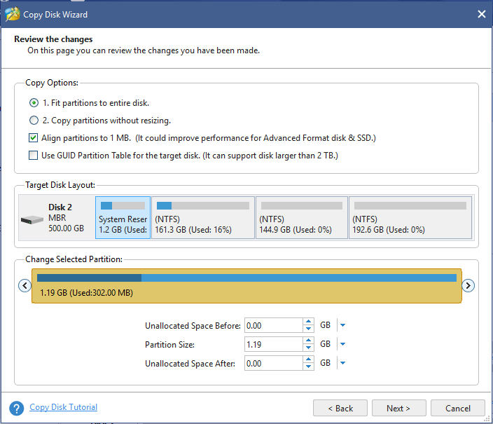choose a copy option for the disk cloning