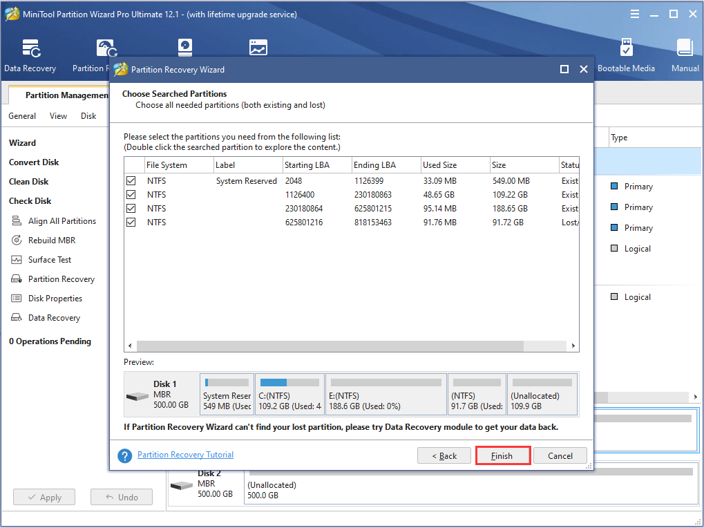 check needed partitions and click Finish