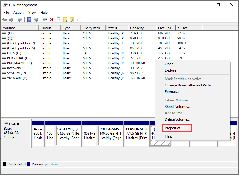 right-click a partition and choose properties