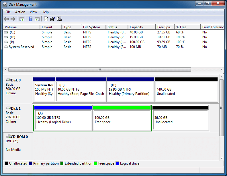 the main interface of Windows Disk Management tool