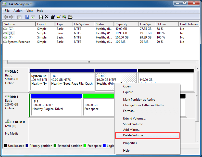 choose D drive and then Delete Volume