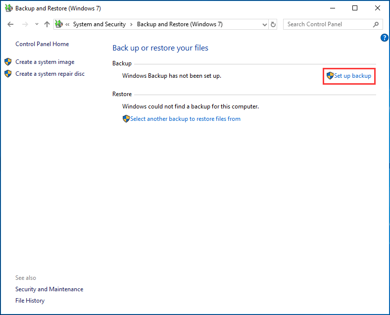 set up backup in Windows 10