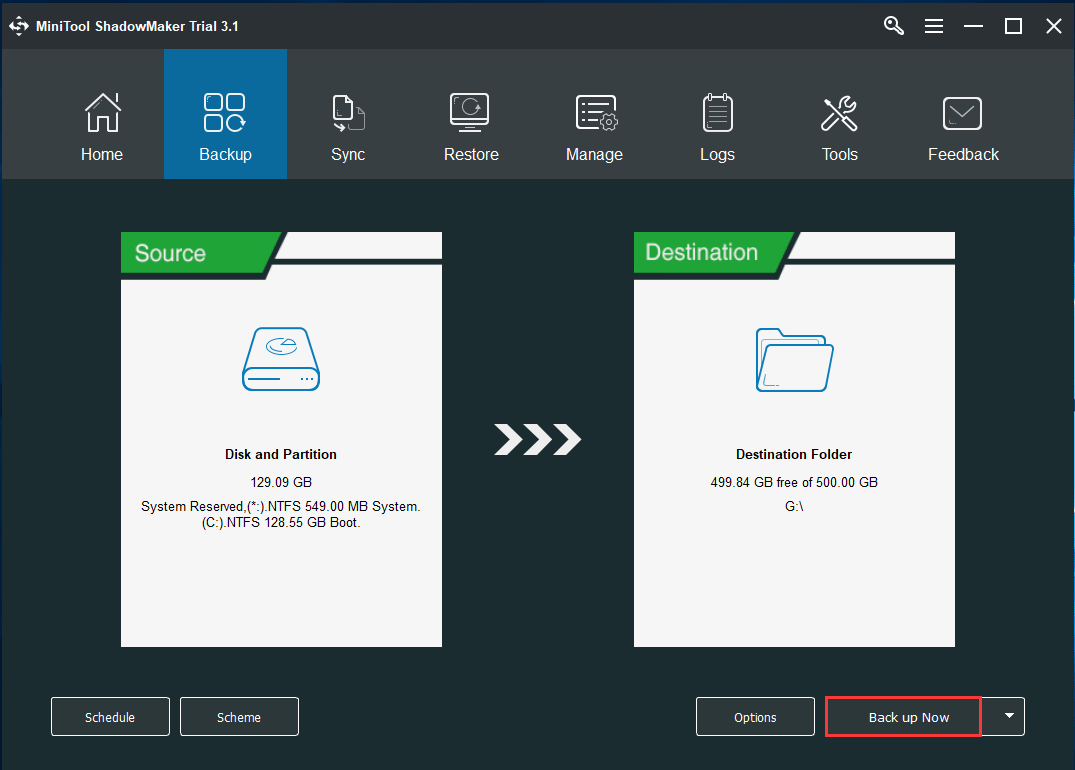 MiniTool ShadowMaker backup page