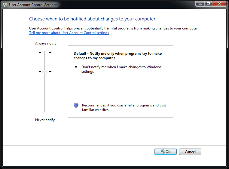 Configurações de controle da conta de usuário