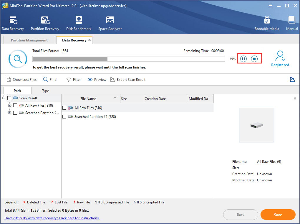 the data recovery software is scanning the drive