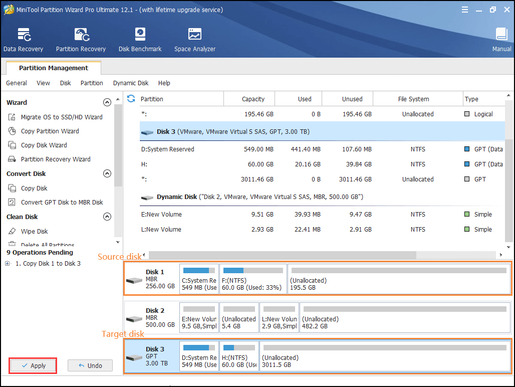 preview and confirm the disk copy operation