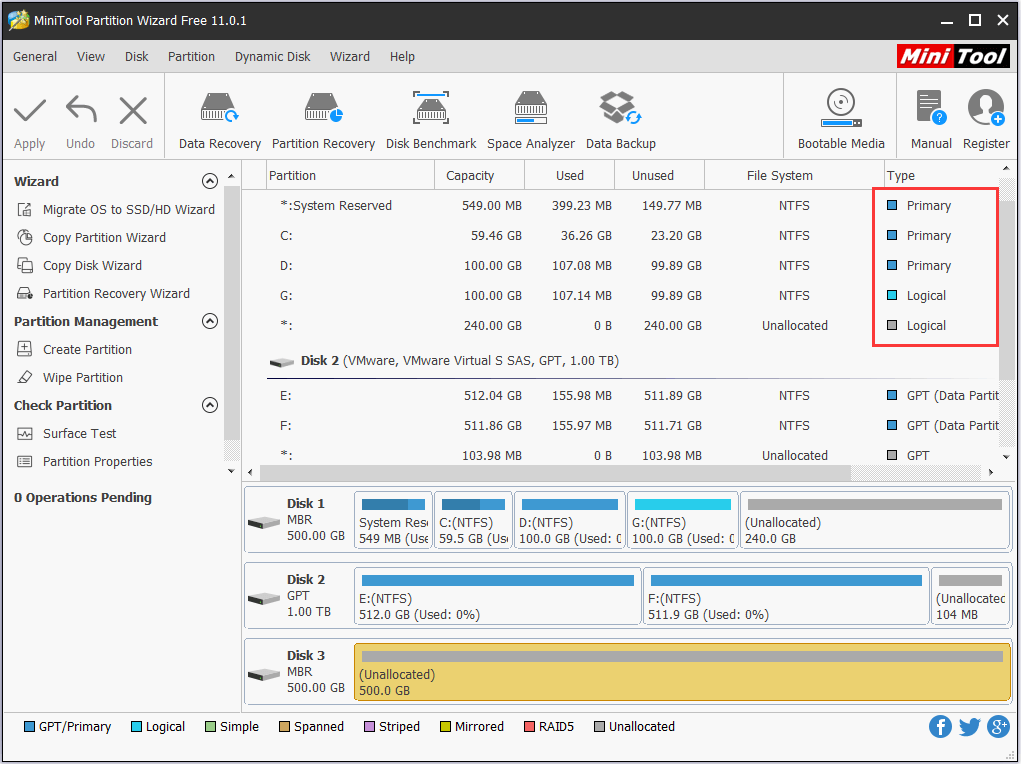 primary and logical drives in MiniTool Partition Wizard
