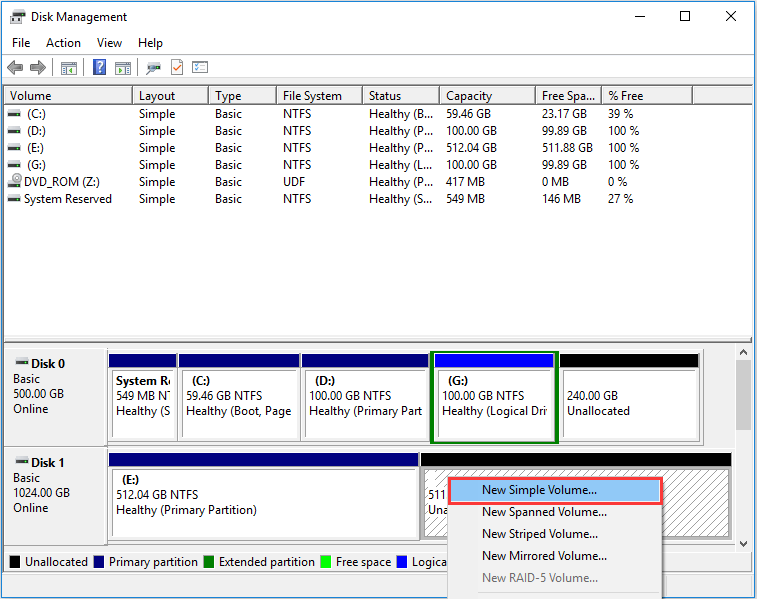 create partition in Disk Management