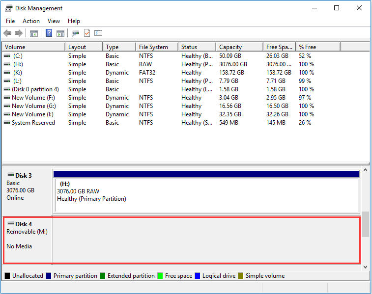 removable disk no media in Disk Management