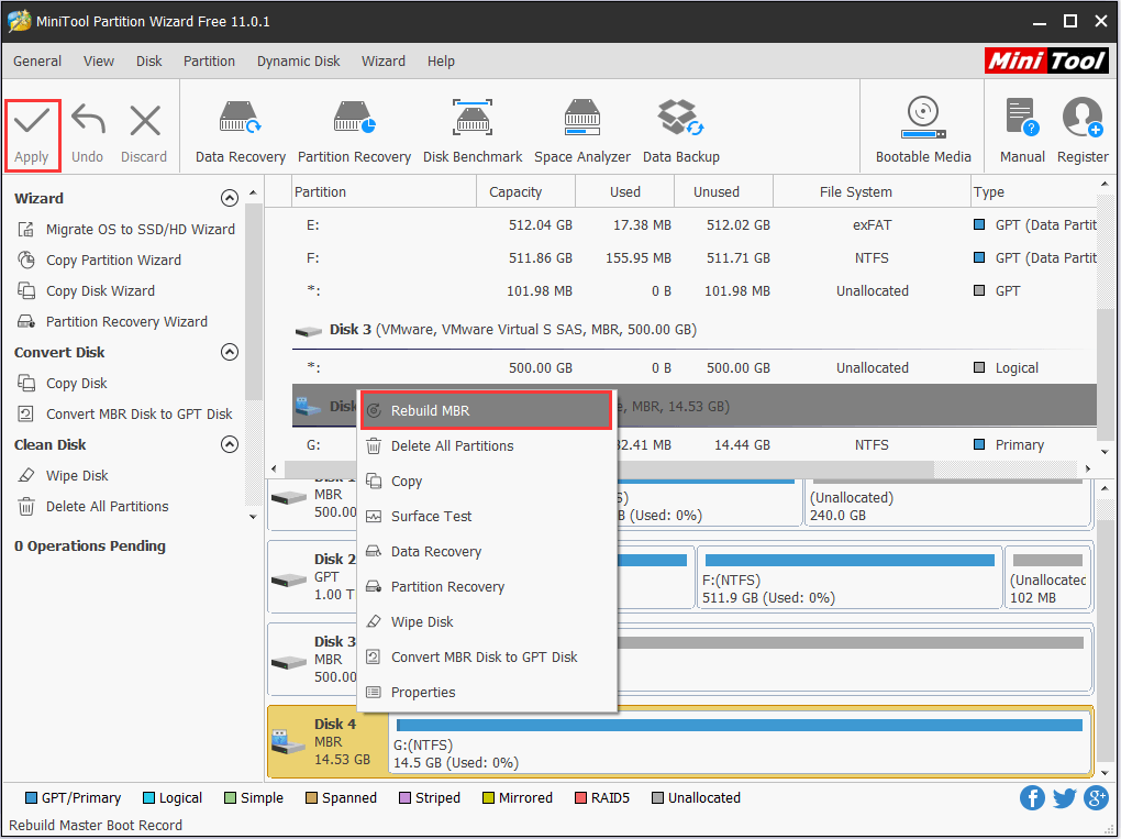 choose Rebuild MBR from the action panel