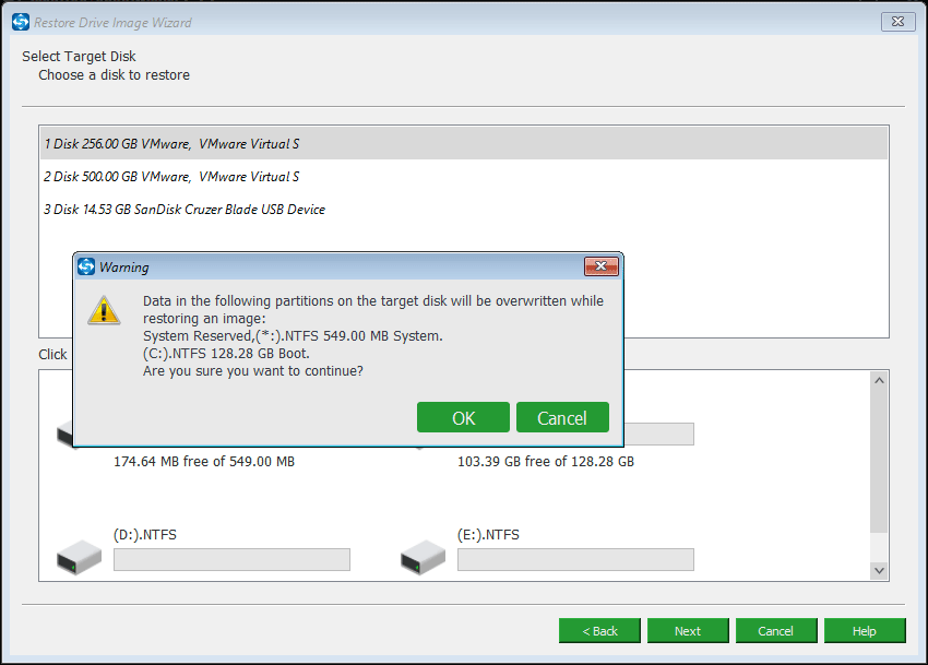 specify a target disk for the system image recovery