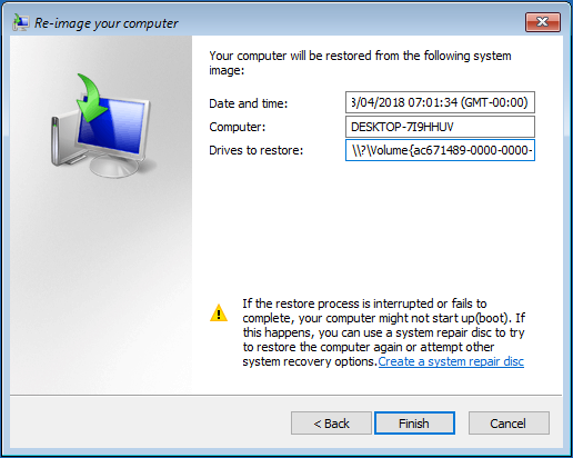 review the changes to be made for system image recovery