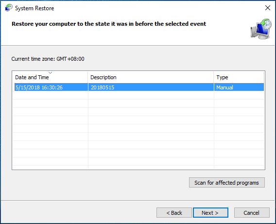 choose a restore point edition