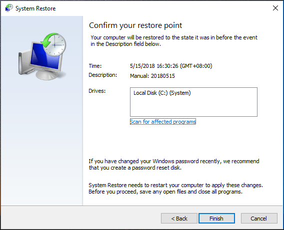 click Finish to confirm the restoration
