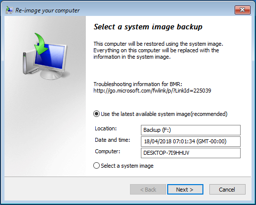 select a system image backup