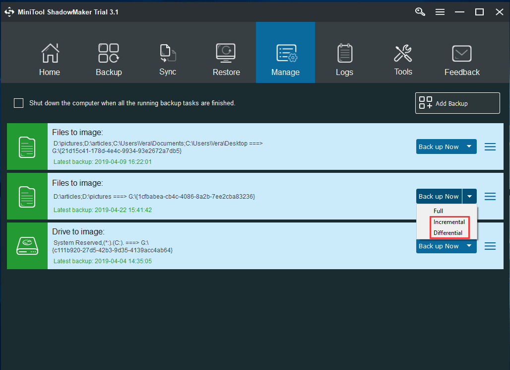 create incremental or differential backup in Manage page