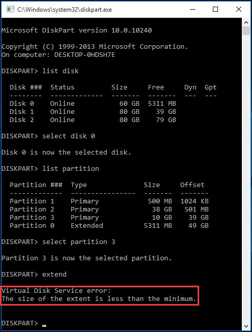 Virtual Disk Service error the size of extent is less than minium