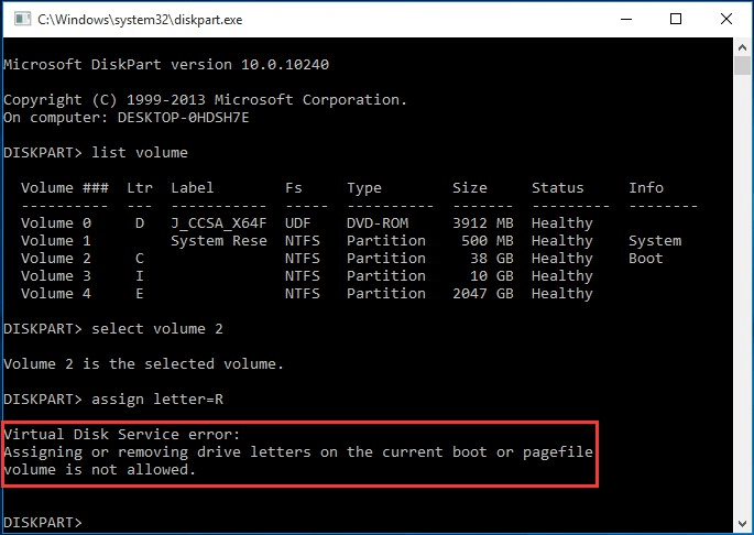 Virtual Disk Service error assigning letter to boot volume is not allowed