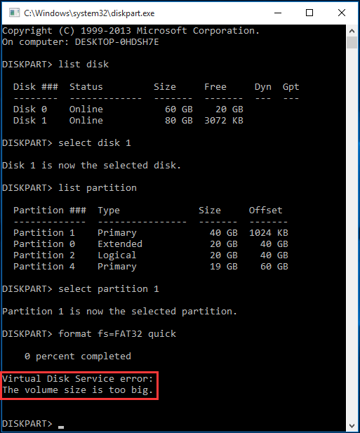 Virtual Disk Service error volume size too big