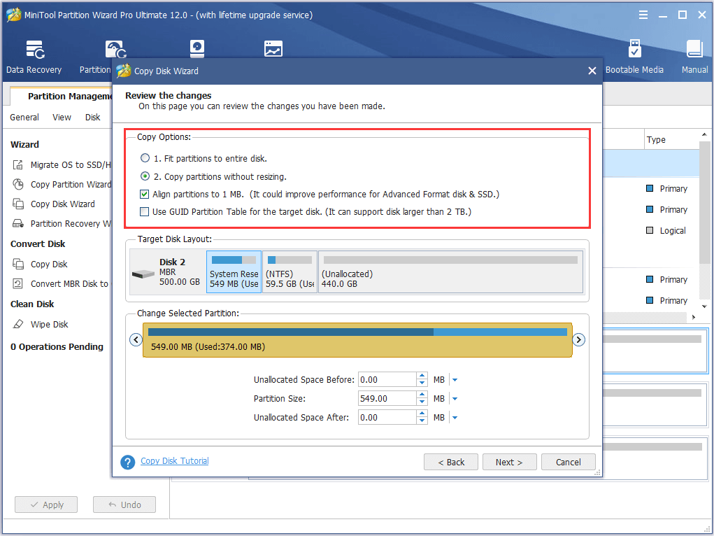 copy options
