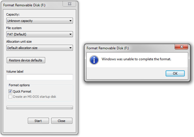 windows was unable to complete the formatting