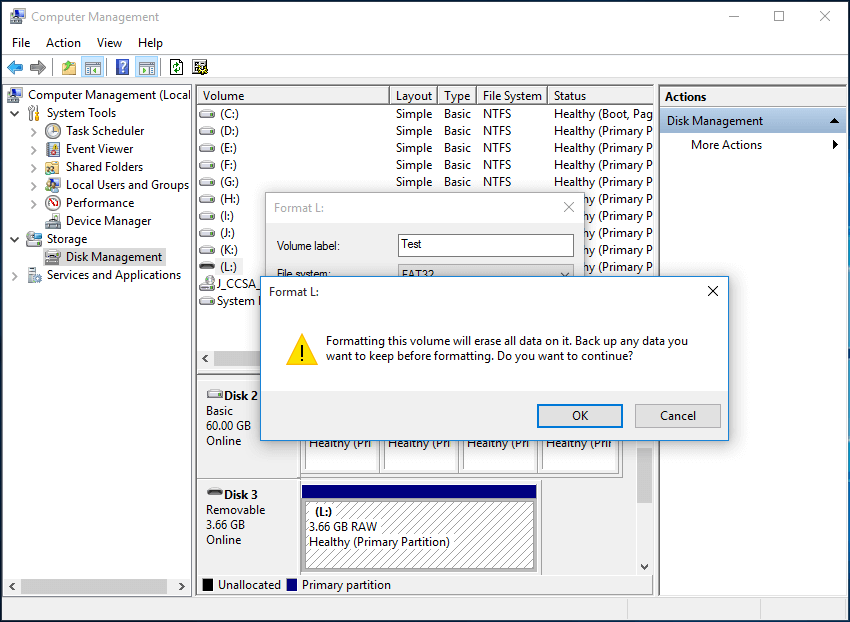 windows unable to format disk windows 10