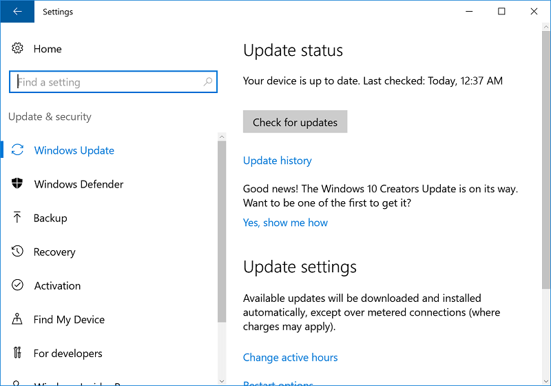 Windows check for update