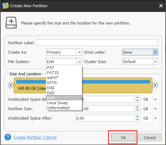set partition parameters