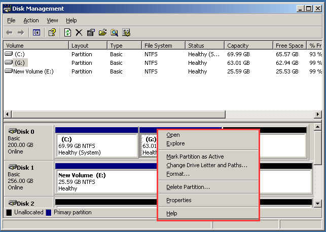 disk management of Windows Server 2003