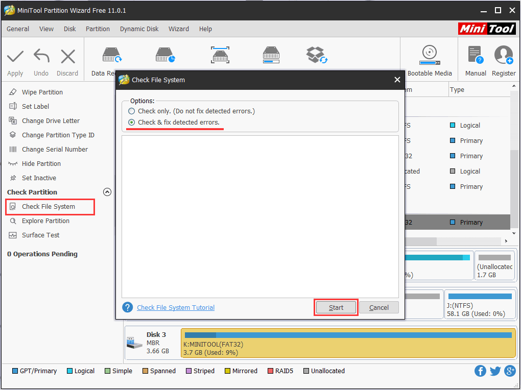 check & fix detected errors