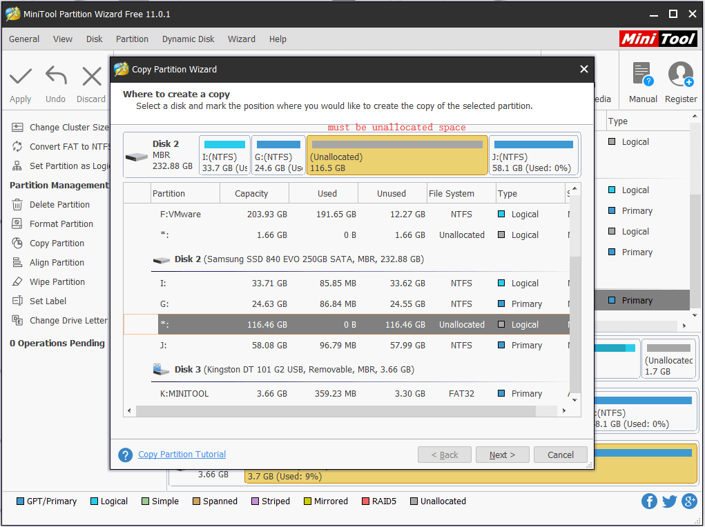 choose unallocated space to save the partition