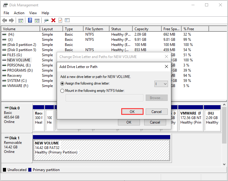 assign letter and click OK