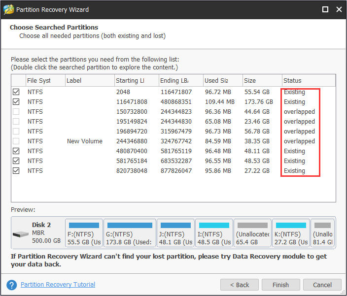 choose the needed partitions and click Finish