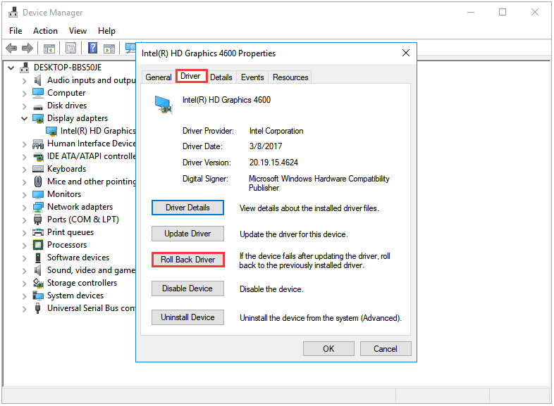 click Driver and Roll Back Driver on the pop-up window